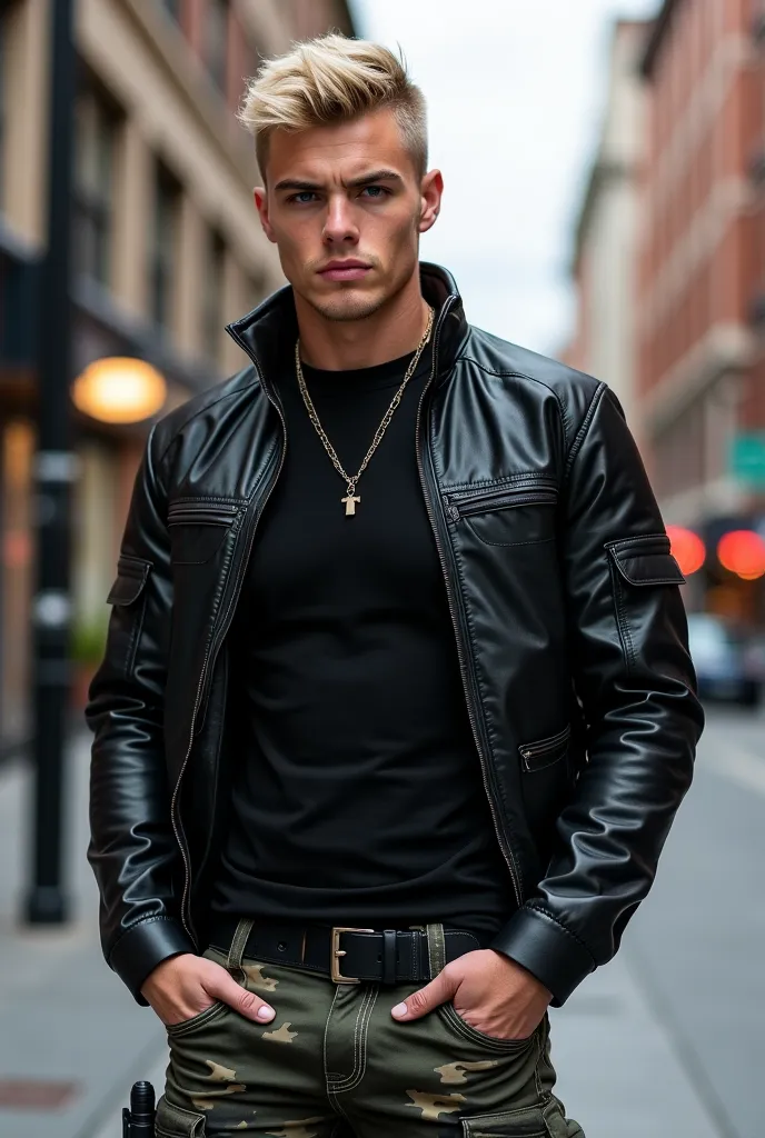 more beautiful, muscular young man with perfect body and face, Hydrogen blonde hair , military short haircut , crosses a city , black, tight-fitting shirt, black leather jacket, Combat pants in dark camouflage ,  black combat boots,   necklace,   bump on p...