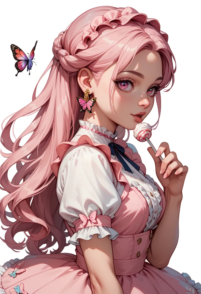 white background, Frilly Dress, Candy Pink Eyes, Butterfly Earrings, Cotton, Gold long hair guy