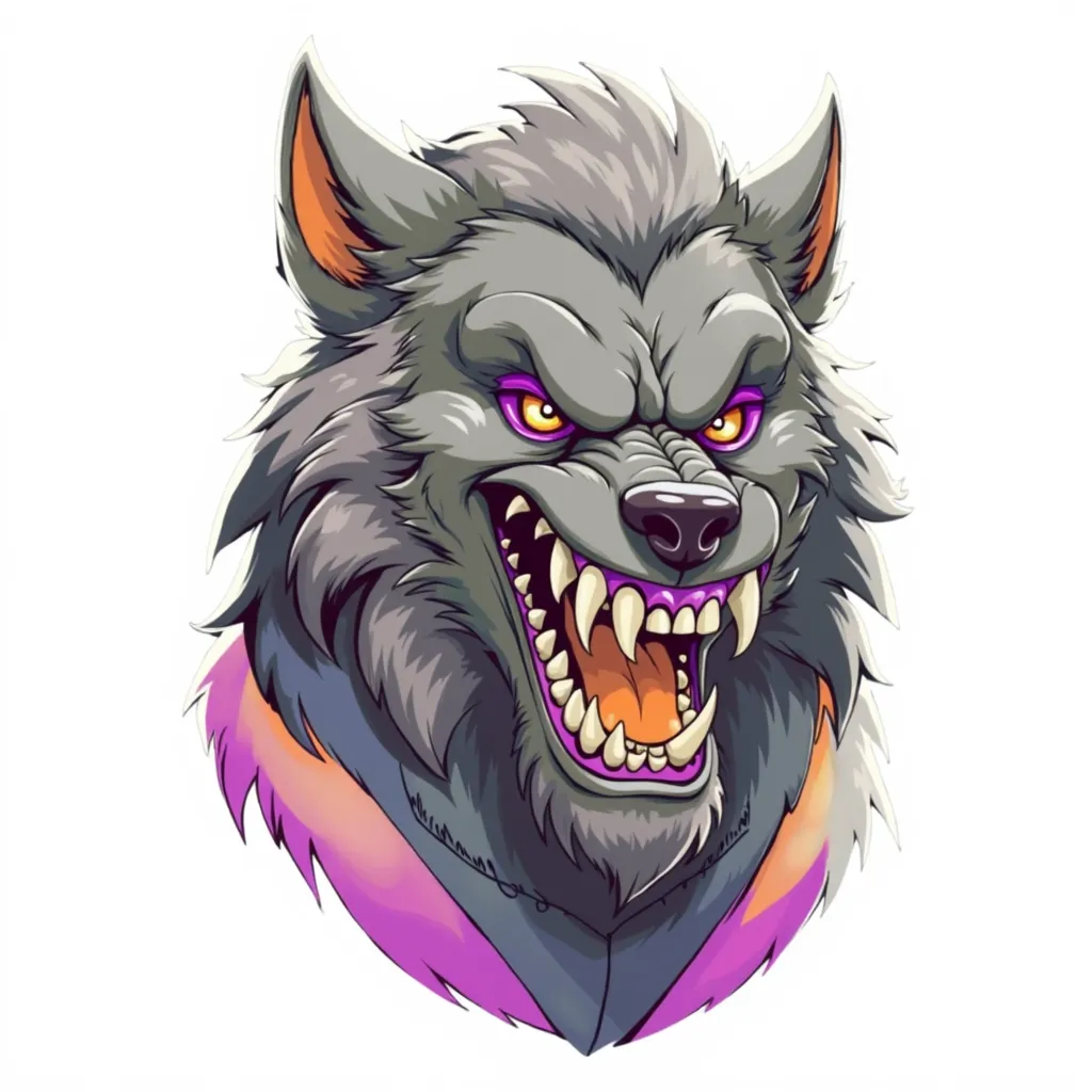 Create a funny and cartoonish logo featuring the face and shoulders of a goofy but confident werewolf. The werewolf should have big human-like teeth, a wide toothy grin, and raised eyebrows, giving it a humorous and playful look.

The werewolf must wear sh...