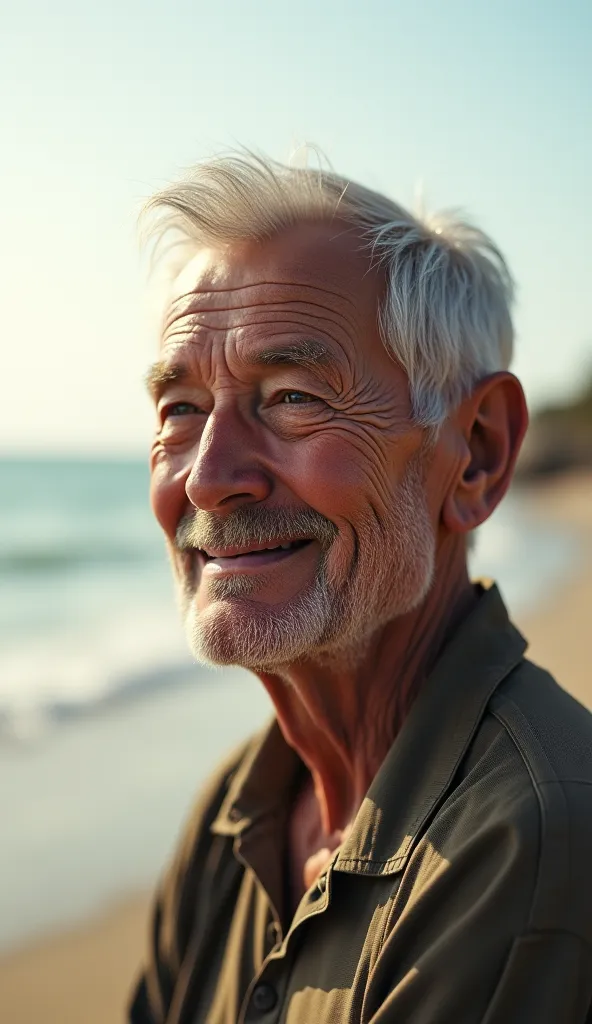 An old man with a small smile and in the back is the blurry beach. 