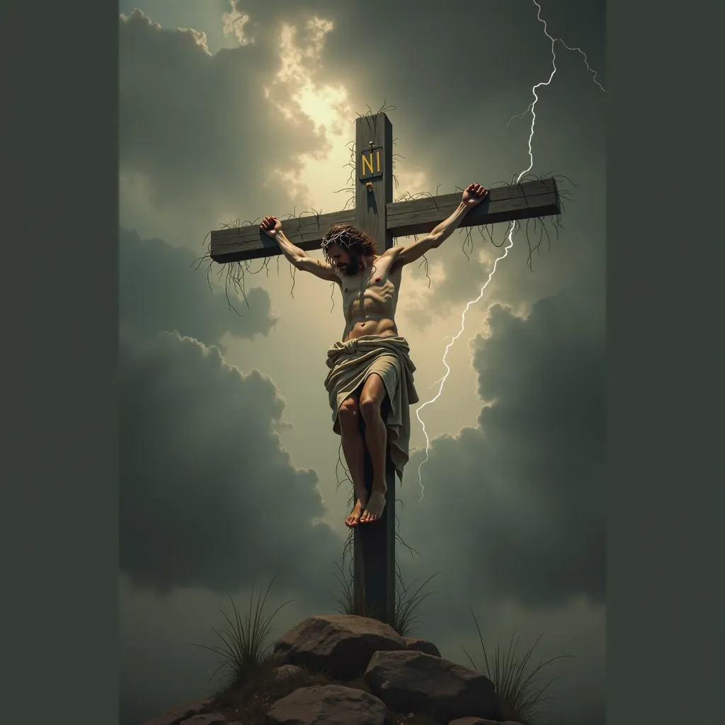 handsome jesus christ with bit long hair and thorn crown in the cross ,dead ,sky delightful with thunders and clouds. blood wounds, iron nails on hands and feet,blood from those iron nails, "INRI" written board on the cross. showiing crucifixion