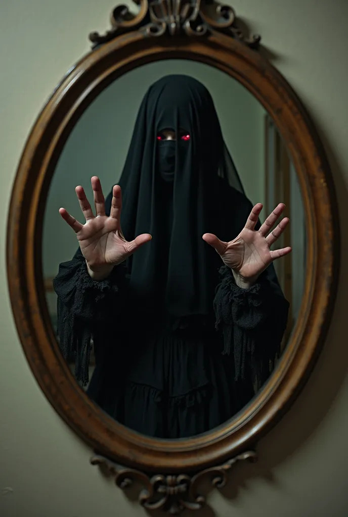 An image of Bloody Mary in an antique oval mirror. Her face is completely hidden behind a thick black veil, through which the dim light of her empty eyes can barely be seen. She wears the remains of a Victorian mourning dress, its once elegant fabric now t...