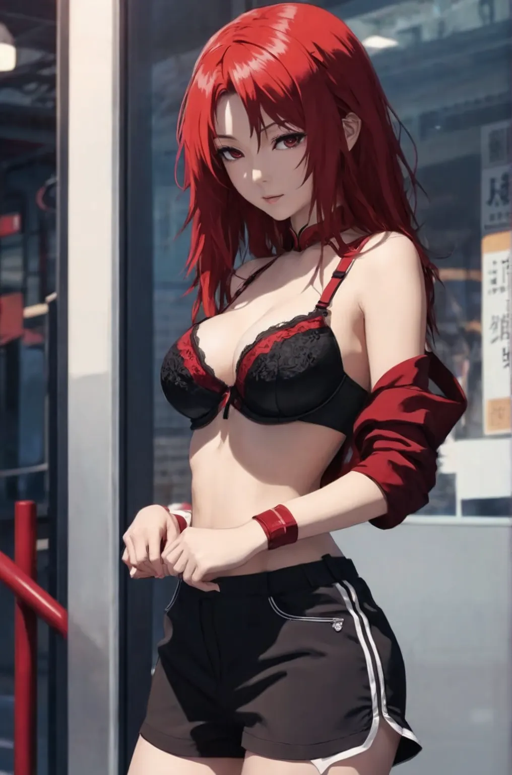 anime girl in black and red lingersuit standing in front of a building, seductive anime girl, attractive anime girl, beautiful anime girl, beautiful alluring anime woman, anime girl, an anime girl, anime girls, beautiful anime woman, revealing clothes, fem...