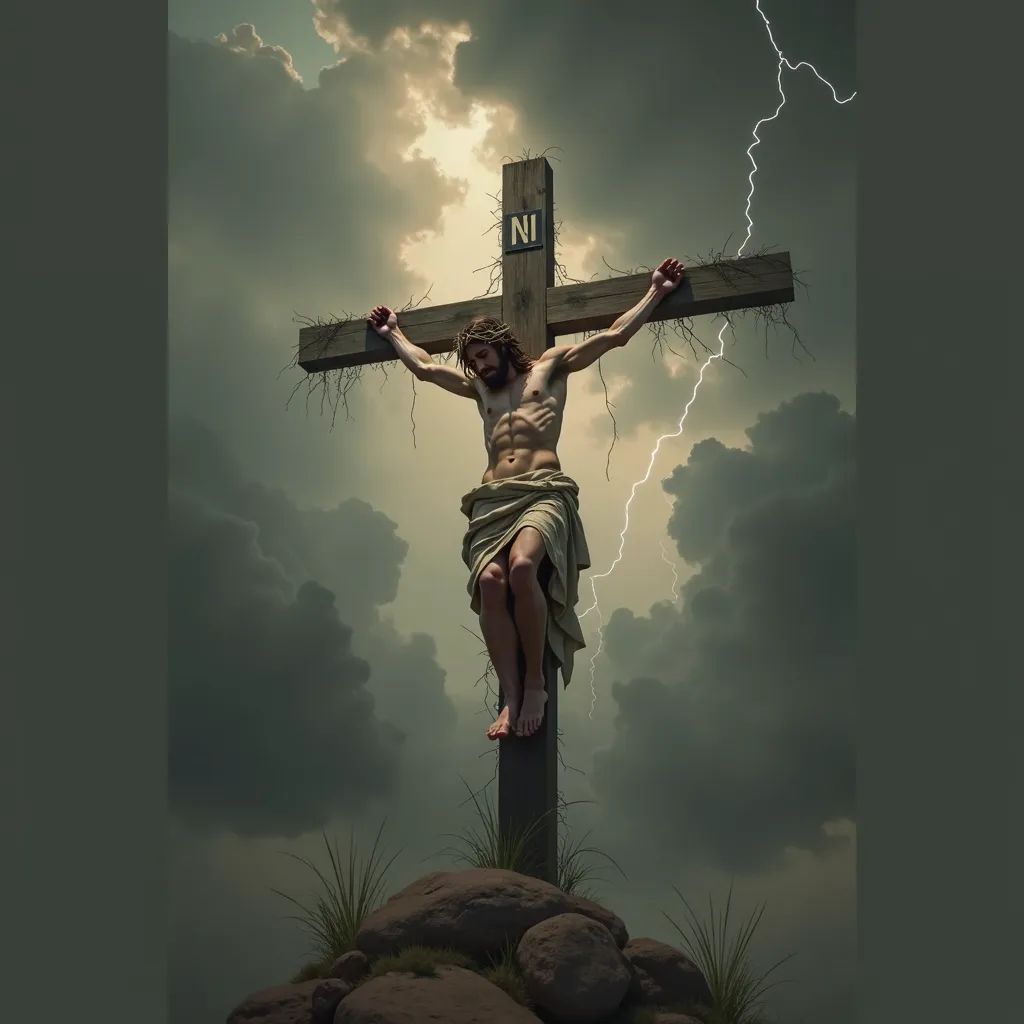 handsome jesus christ with bit long hair and thorn crown in the cross ,dead ,sky delightful with thunders and clouds.  "I.N.R.I." written board on the cross. showiing crucifixion. hands and feet are nailed to cross,and blood coming out