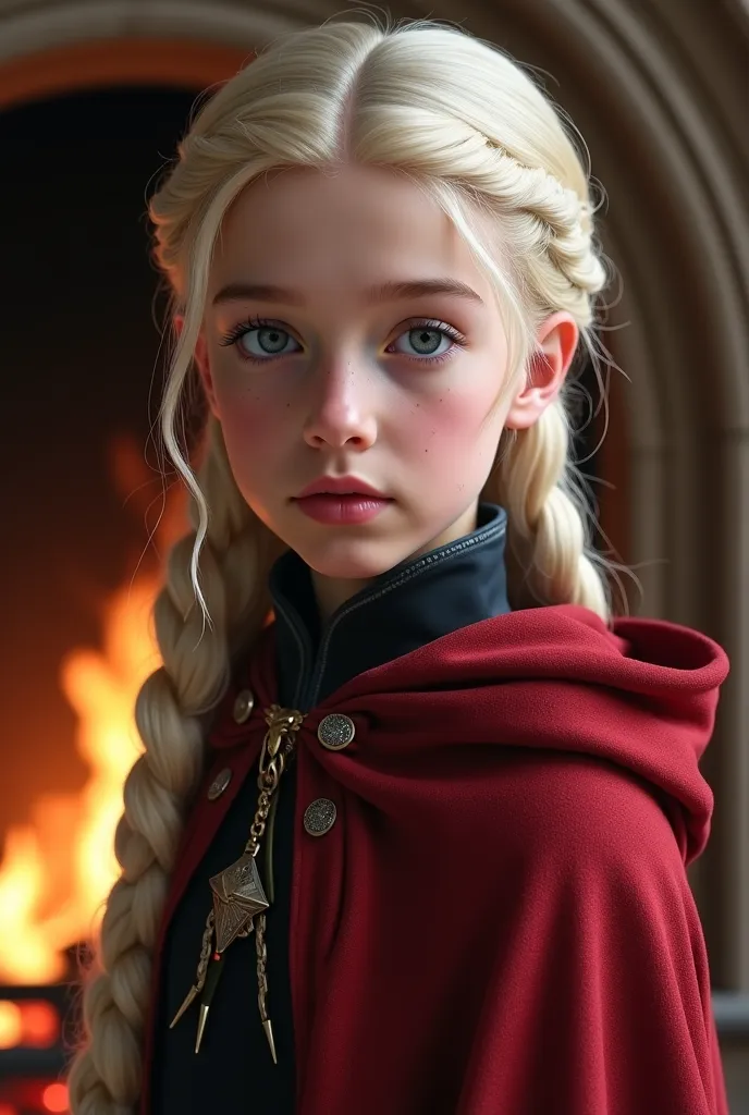 house of dragon beautiful princess targaryen young girl with blonde-white hair mid long attached in braided with silvery white streaks with light eyes. She wears a red-black cape on one of her shoulders.   She is in front of a fireplace.