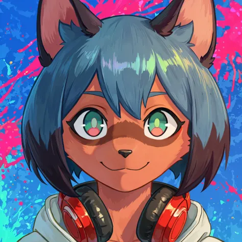 masterpiece, best quality, amazing quality, very aesthetic, high resolution, ultra-detailed, absurdres, newest, furry, FURRY, body fur, solo, paint, Michiru Kagemori from brand new animal, face close up, headphones, listening to sounds, artistic, front vie...