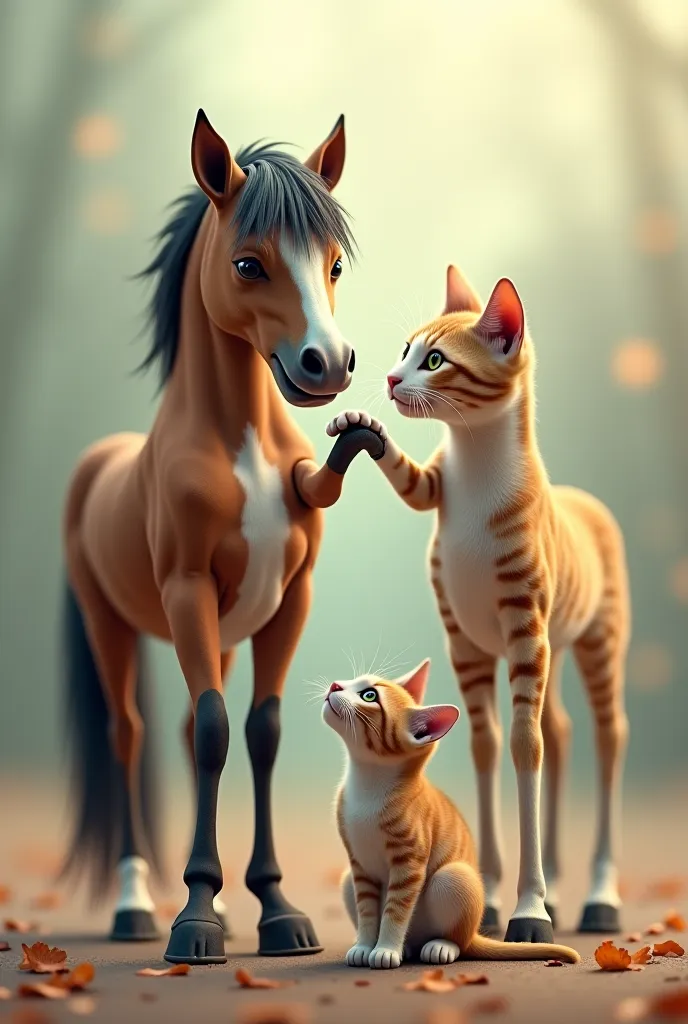 Make two cats licking them selfs and touching each other with their paws and a horse with human legs by their side, while they are all smiling