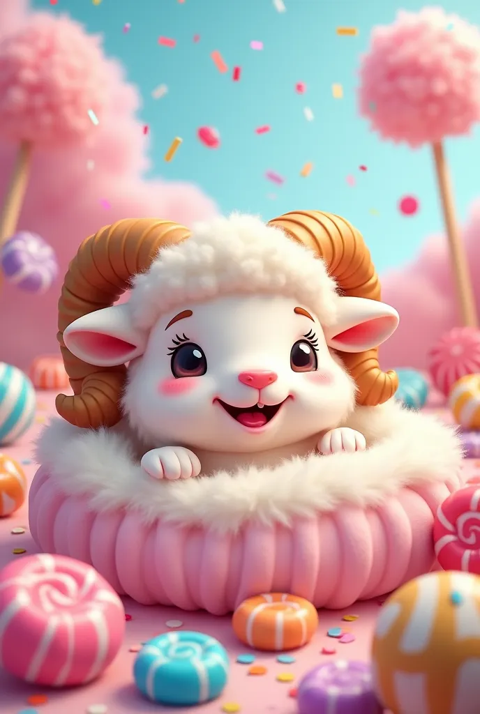 A funny cartoon ram in light covers with canffets ,lollipops