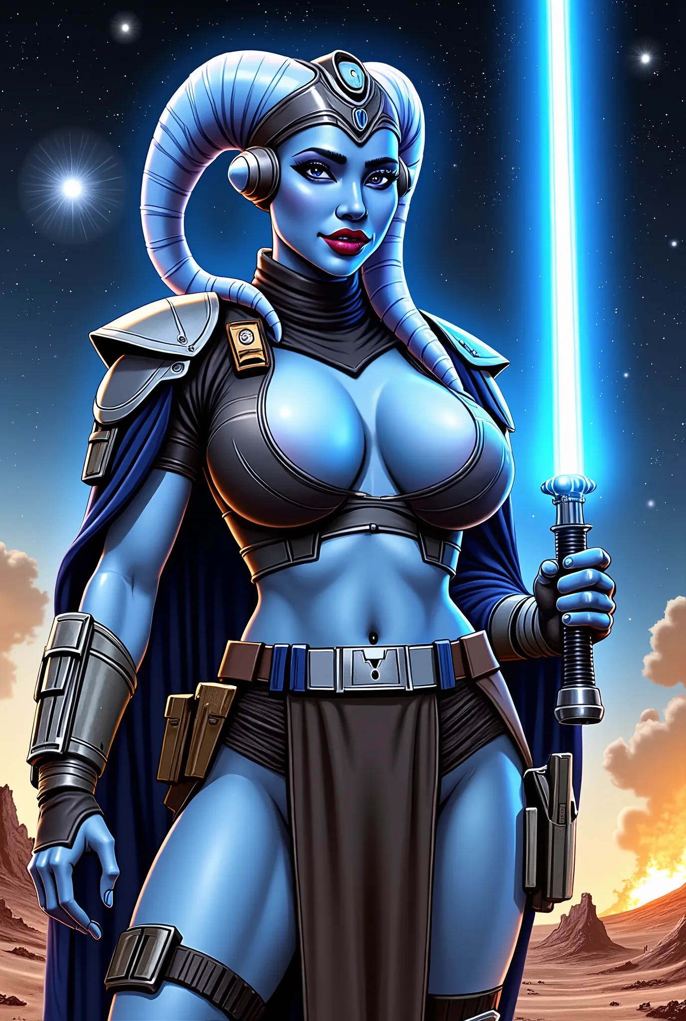 Jedi, woman, sexy jedi robes, blue lightsaber in hand, light armor, light eyes, massive sexy breasts with decleave, juicy big ass, slim muscular, slim waist, large hips, thic thighs, light blue skin, comics, 70's ages comics art style, Duurpan style, impon...