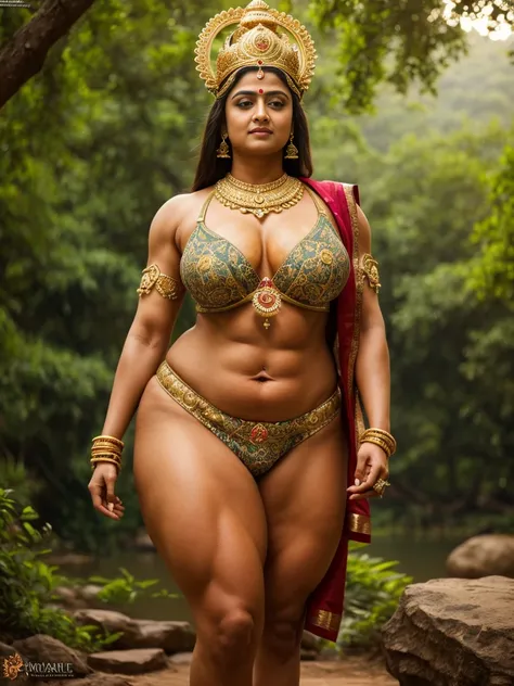 (masterpiece), best quality, expressive eyes, perfect face,
 A majestic Indian goddess with a powerful and serene expression, with a a magnificent lion in the heart of a dense, mystical forest. Her gaze is strong and wise, The goddess is adorned in intrica...