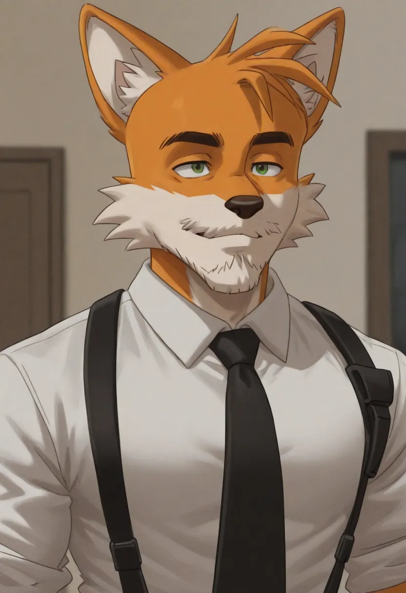 the man is wearing a tie and shirt with suspenders and a holster, 1boy, male focus, necktie, solo, shirt, white shirt, facial hair,MylesPrower, Miles Prower, fox boy