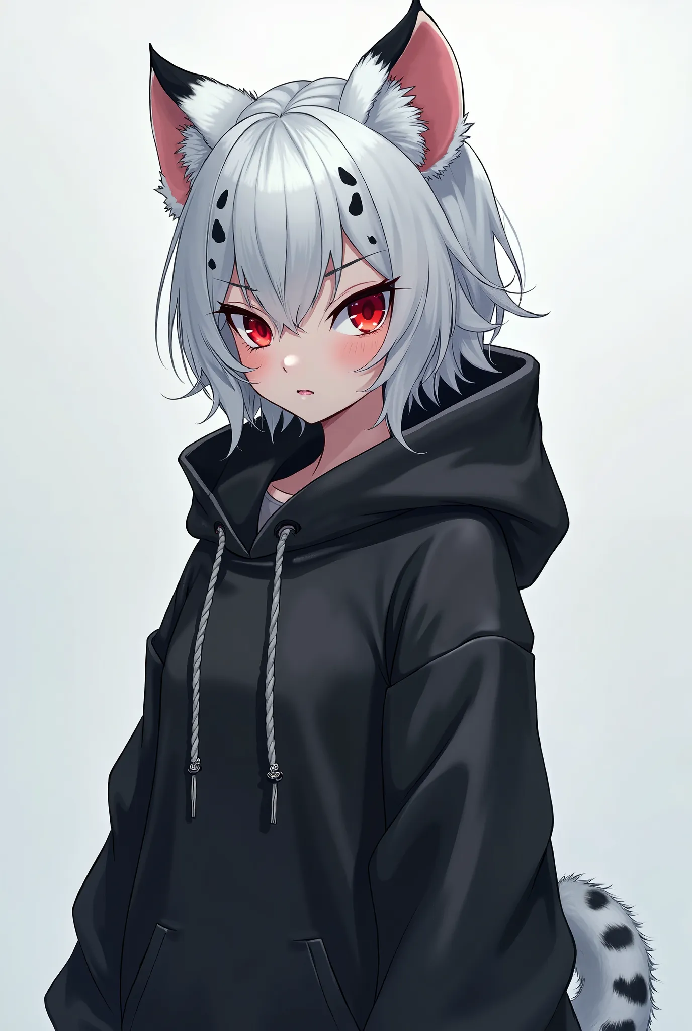 woman,Very short haircut, white hair,Short body shape,with ears and a snow leopard,red-eyed,Black hoodie,sees the whole body,Anime