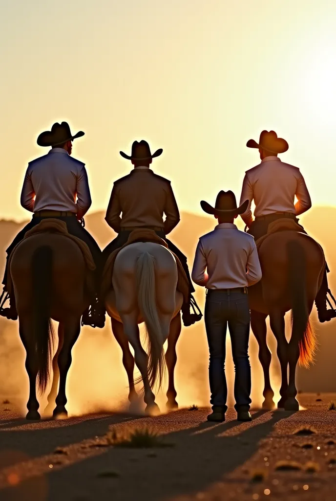 4 handsome cowboys say goodbye to a young friend who is going to travel