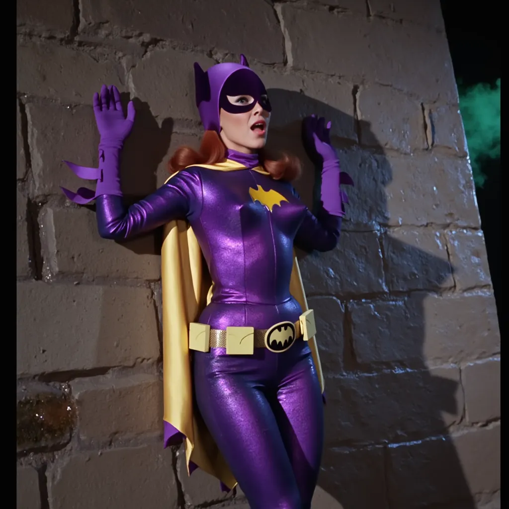 Masterpiece, Award Winning, High Quality, artgerm, solo, wearing retro Batgirl purple costume, big breast, retro red hair, looking at viewer, makeup, yellow Batgirl cape, b4tg1rl woman, posing sexy, Yvonne Craig woman, sexy purple ankle boots, stiletto hee...