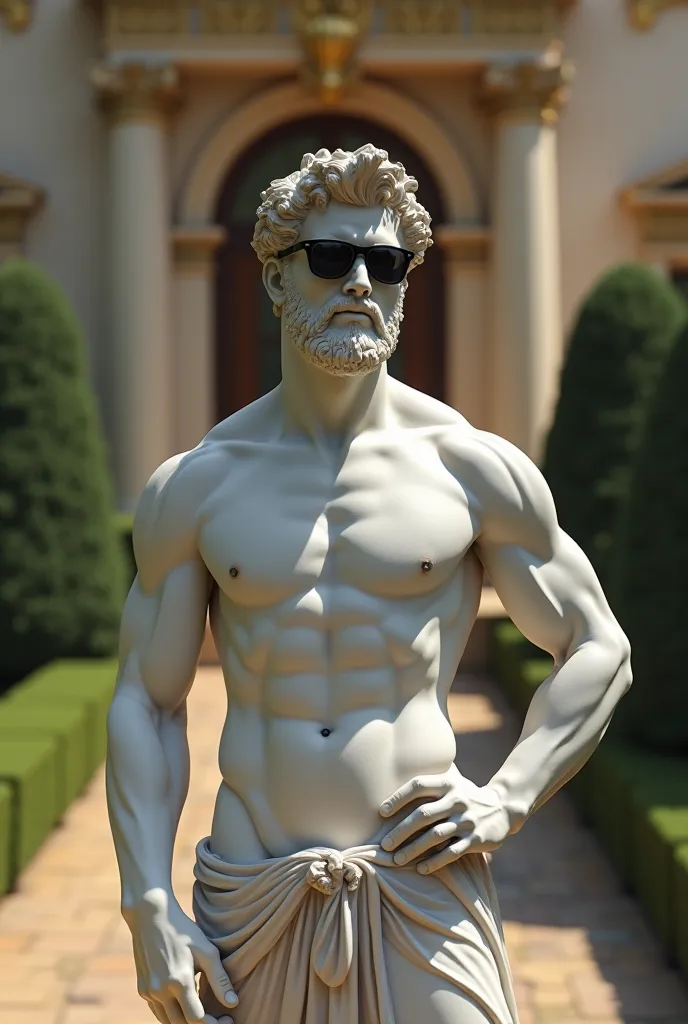 Create an image depicting a Greek MALE statue of those very Roman with Thug Life-style sunglasses appearing as in a selfie with a mansion in the background