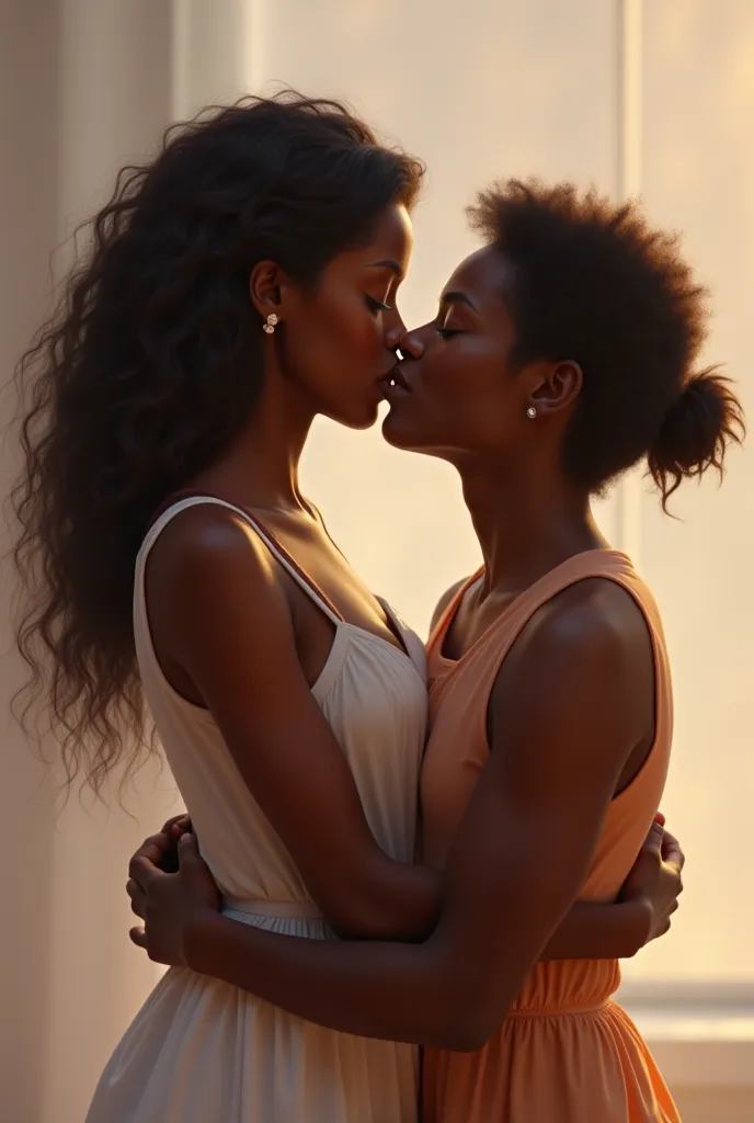 Two characters kissing a black woman and a man with medium dark skin 