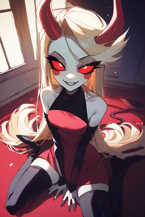 score_9,score_8_above,score_7_above BREAK charliemorningstarSDXL,1 ,red sclera, red eyes, long hair,blond hair,thigh-high boots, dress,hair between the eyes,bare shoulders,Very  long hair,tail,detached sleeVes, Horns,Teeth,black sleeVeless,black thigh-high...