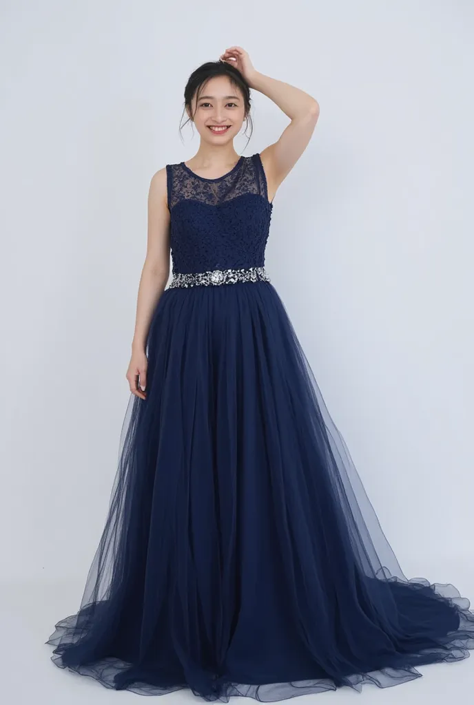 best quality, ultra high res, (Photorealistic:1.4), RAW photo,composition showing the whole body、Midnight Blue Off-the-Shoulder Lace Party Dress、Maxis
Cart、  Luxury Cruise Ship Wedding Party Venue、 she looks at me and smiles、with his hands crossed behind h...