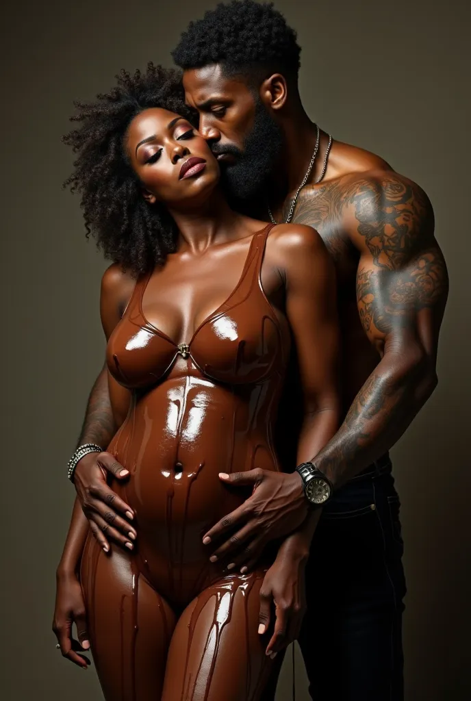 Half aged woman . gorda. dominant. standing. image showing the whole body. torso leaning forward. new, just with liquid chocolate over your breasts. The chocolate is dripping. long breasts. black female. 40 years old,hugging behind by ((a very strong , alp...