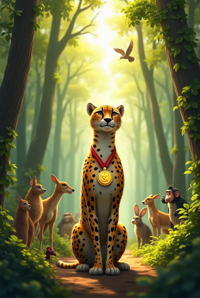 "A proud cheetah stands in the middle of a dense, green forest, wearing a shiny gold medal around its neck. The forest is filled with tall trees, thick shrubs, and a variety of animals like deer, rabbits, monkeys, and birds gathered around. The animals loo...