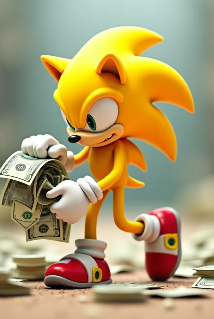 Create an animated image of the yellow Sonic with a March of money in your hands.