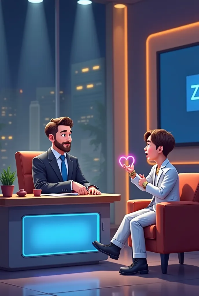 Design of a TV show. In this drawing there is a presenter's desk, Behind the counter is the presenter, he is sitting, ele has brown hair. Brown eyes and goatee and beard, he's wearing a white shirt, a blue tie and is wearing a black suit.  On the side of t...