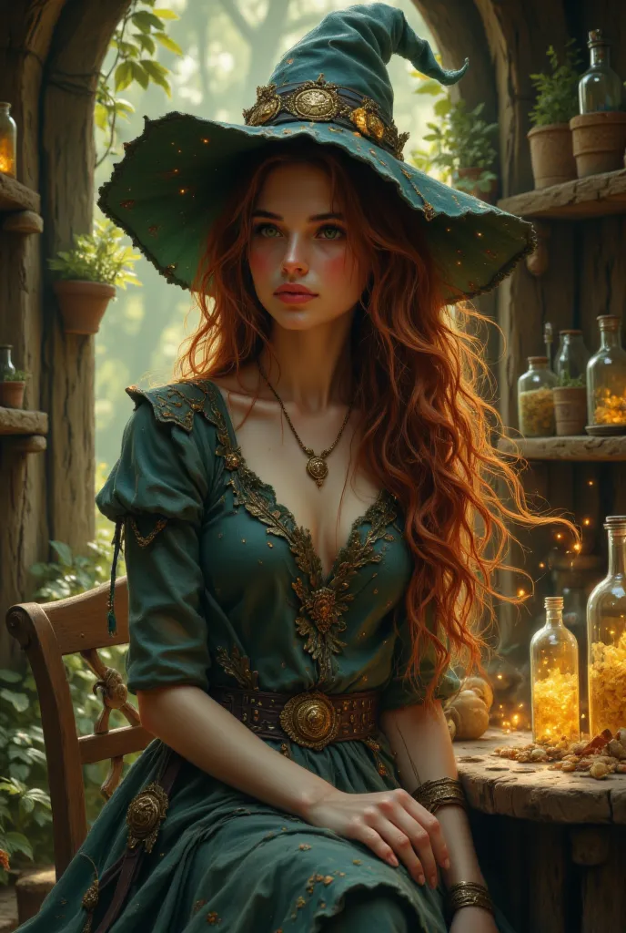 fantasy, Young witch, pretends to be a herbalist, brown and red hair, big green eyes with golden sparks, slim flexible figure, pretty face