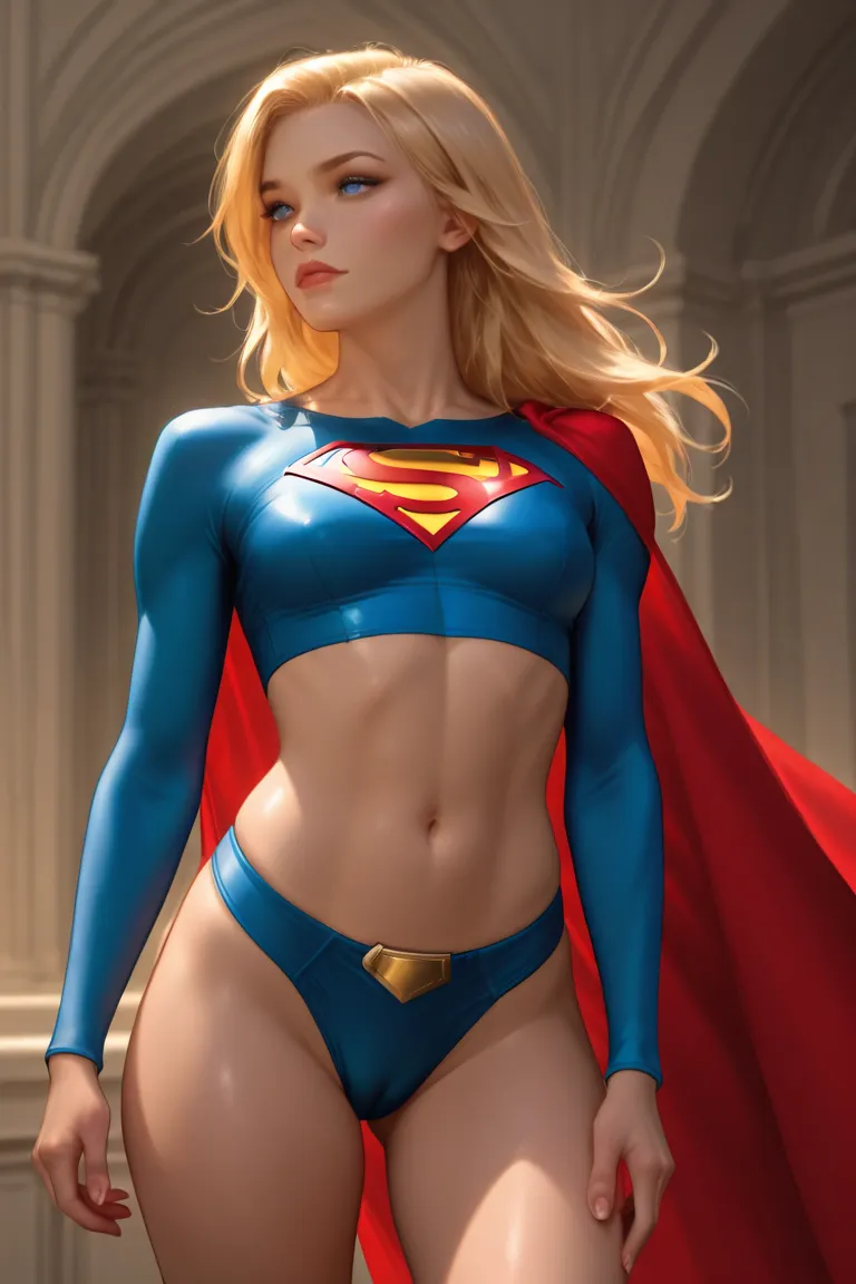 A digital representation of Supergirl, the iconic DC Comics heroine, in a realistic, detailed and erotic art style nsfw. she is only wearing small, tight panties