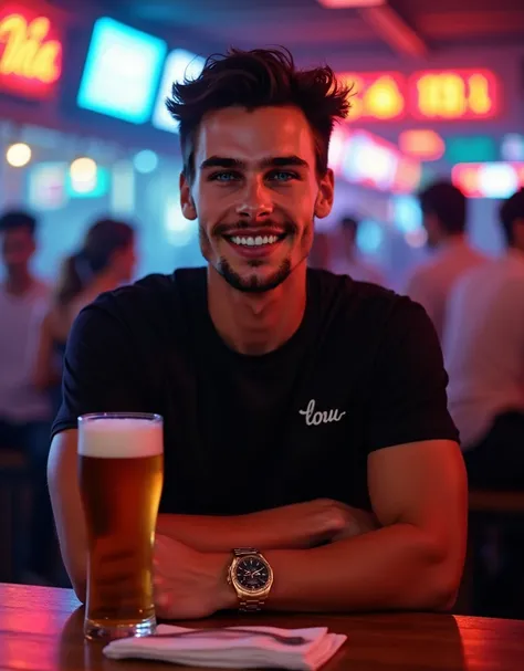 Full-body, edited professional shot of a male model sitting at a lively nighttime bar, dressed in a minimalist black t-shirt with a small white cursive logo on the chest. He wears a bold gold-accented wristwatch, adding a subtle touch of luxury to his casu...