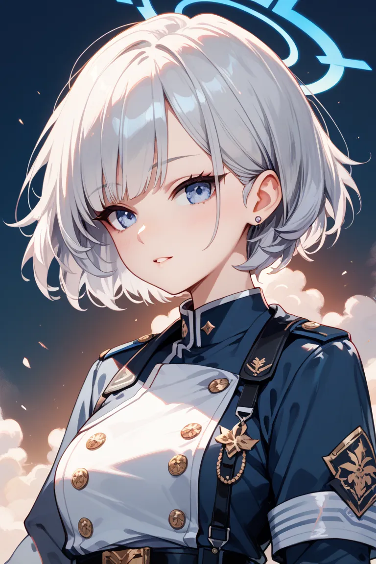 blue eyes　medium short hair　Hair is flipped outwards　Halo　blue archive style　human　 Silver Hair　　uniform　