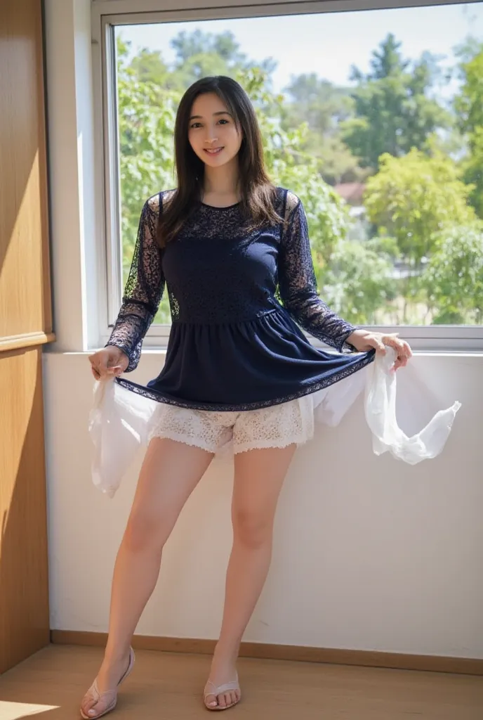 best quality, ultra high res, (Photorealistic:1.4), RAW photo,composition showing the whole body、Midnight blue off-the-shoulder lace party dress showing cleavage、miniskirt、  Luxury Cruise Ship Wedding Party Venue、 she looks at me and smiles、showing white l...