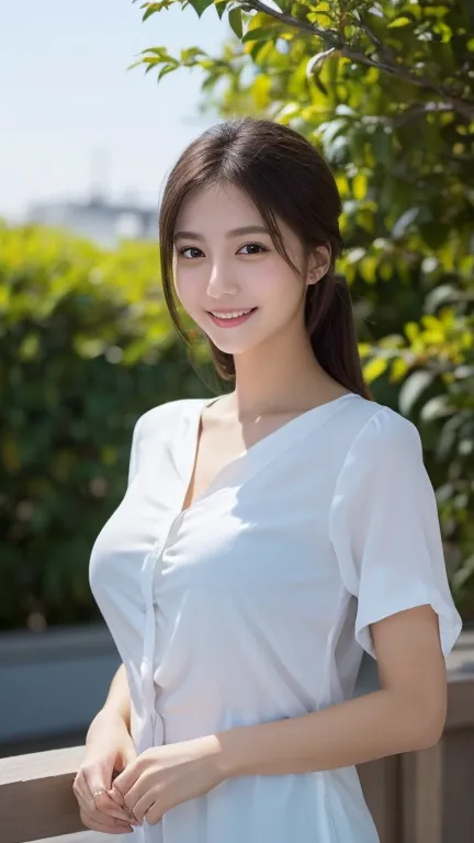  one girl, (Wear a dark blue blouse :1.2), ( RAW photo,  best quality), (realistic,  photorealistic:1.4), masterpiece,  Extremely Delicate and Beautiful ,  in white for summer very detailed, 2k wallpaper, wonderful,   fine details,  in white for summer ver...