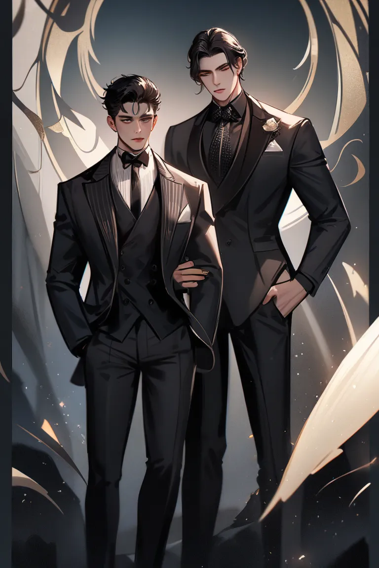 there are two men in suits standing next to each other, digital art by Yang J, tumblr, digital art, two anime handsome men, wearing suits!, nixeu and sakimichan, sakimichan and frank franzzeta, official fanart, high quality fanart, manhwa, well - dressed, ...