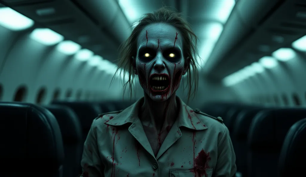 A terrifying zombie flight attendant standing in the dimly lit aisle of an abandoned airplane. Her uniform is tattered and stained, with traces of dried blood and dirt. Her face is pale, with sunken, hollow eyes glowing faintly in the darkness. Her mouth i...