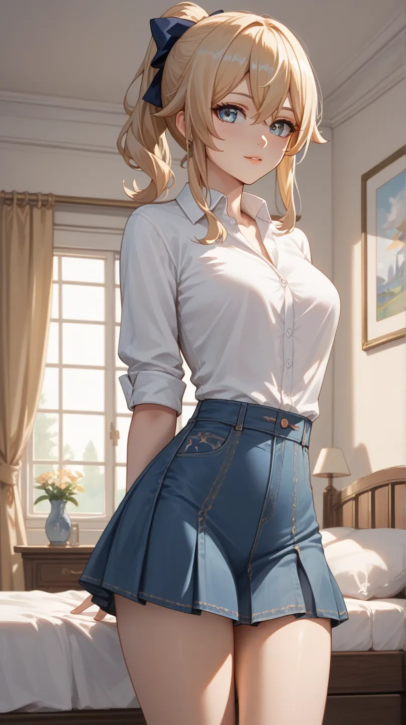 jean, genshin impact, background bedroom, skirt, solo, 1girl, high resolution, uhd,  perfect skinny body