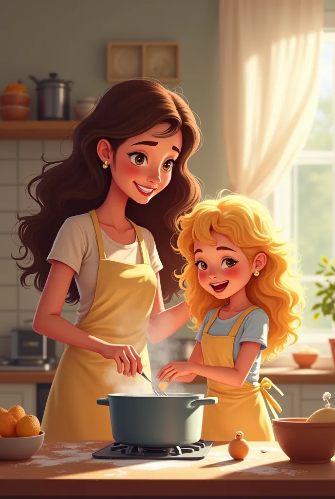 layer, Woman cooking long brown hair with her  curly-haired blonde daughter,  cartoon style