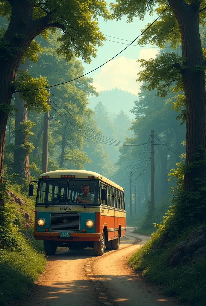 Create a man driving a bus and the road is in a forest