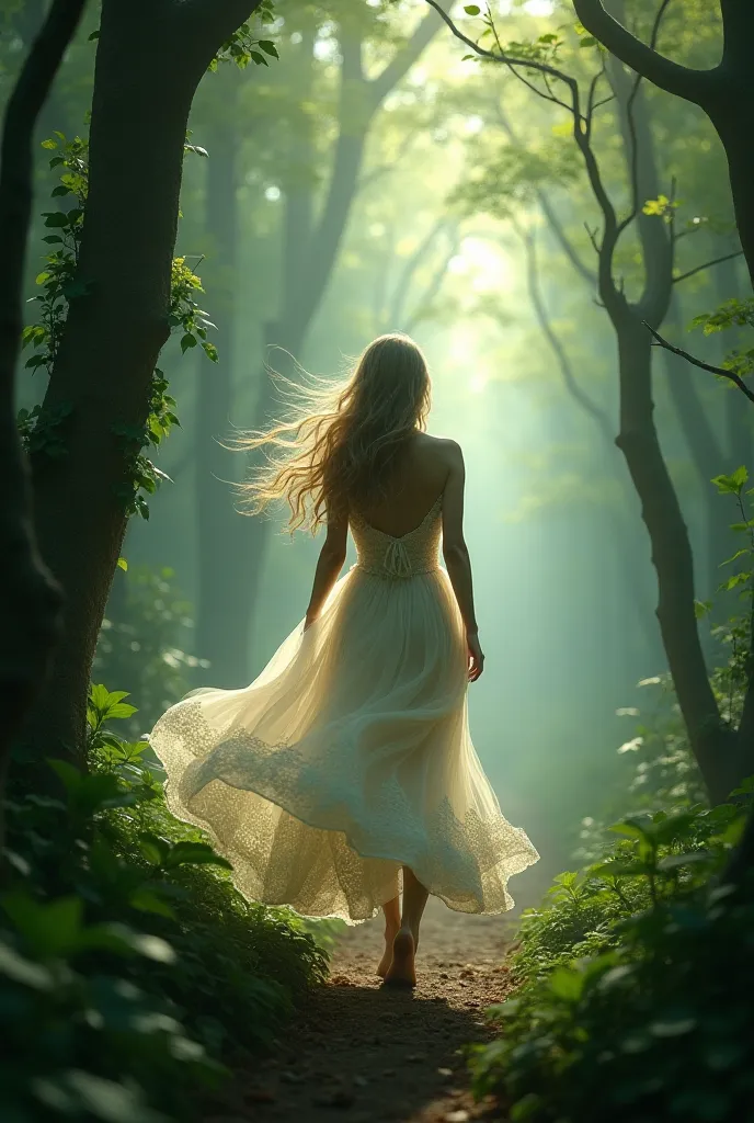 An enchanted forest with leafy trees and a woman walking backwards in slow motion, dressed in a beautiful dress, fluid and flowing . With long hair in the wind 