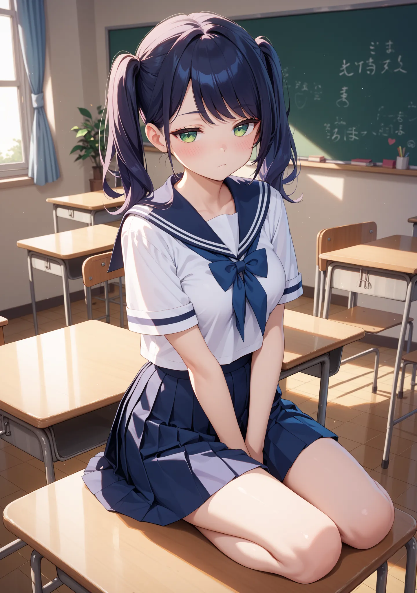 girl, petite, medium breasts, pale skin, twintails, swept bangs, green eyes, slanted eyes , makeup, navy hair, bored, (((blush))), looking ahead, wide shot, full body , all body view , half-closed eyes, closed mouth, school uniform, serafuku, pleated skirt...