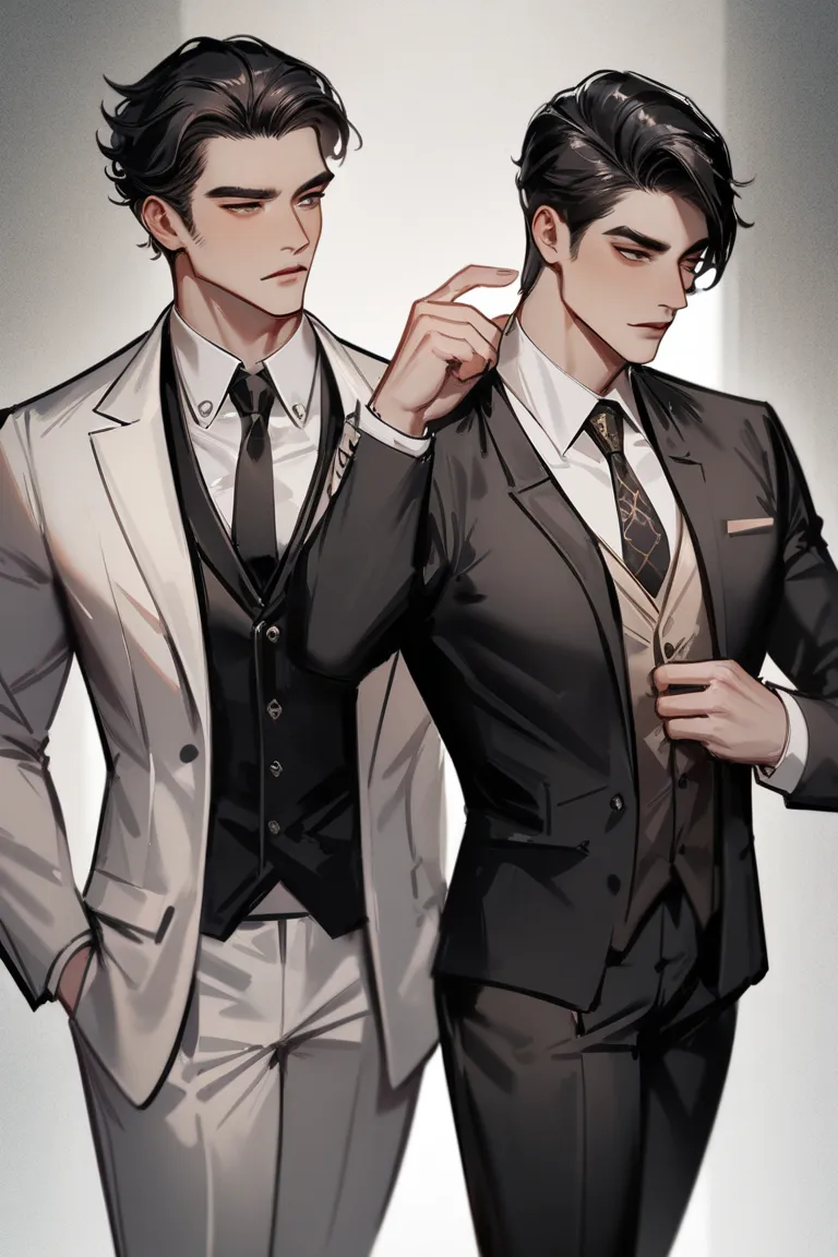 there are two men in suits standing next to each other, digital art by Yang J, tumblr, digital art, two anime handsome men, wearing suits!, nixeu and sakimichan, sakimichan and frank franzzeta, official fanart, high quality fanart, manhwa, well - dressed, ...