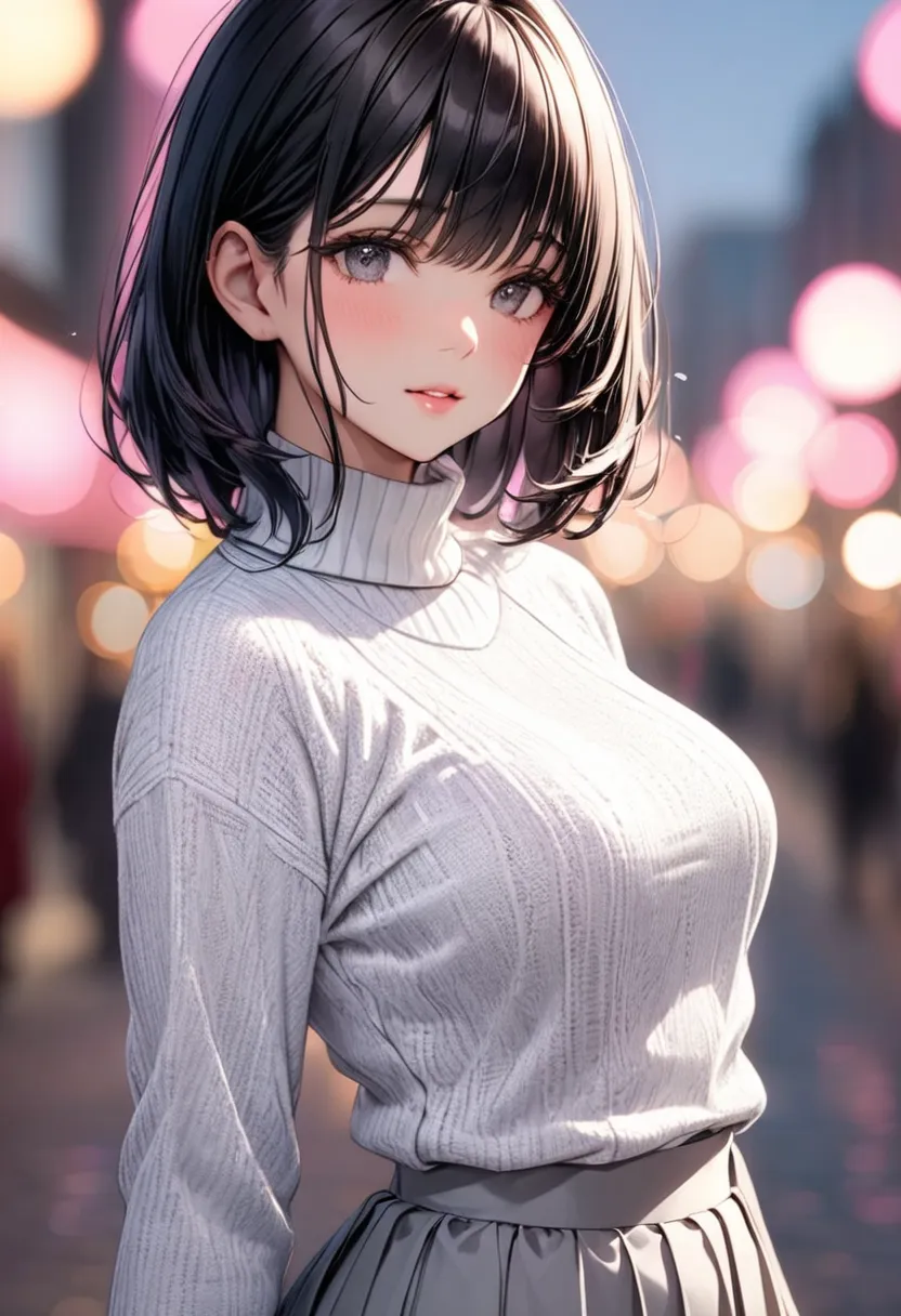 Black-haired beauty, white turtleneck and gray long skirt, upper body close-up, (background blur, pink ball bokeh effect :0.8)