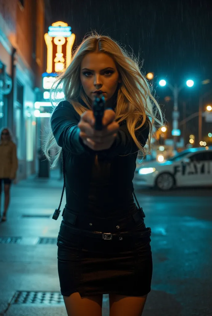 1 Female、American Beauty、Super beautiful、Facial beauty、blue eyes、Standing、New York Police Uniform、mini skirt、Golden Hair、Night Street、Backlight、The wind is blowing、it&#39;s raining、He is looking intently at the barrel of the gun.、Thigh-up shot、pointing pis...