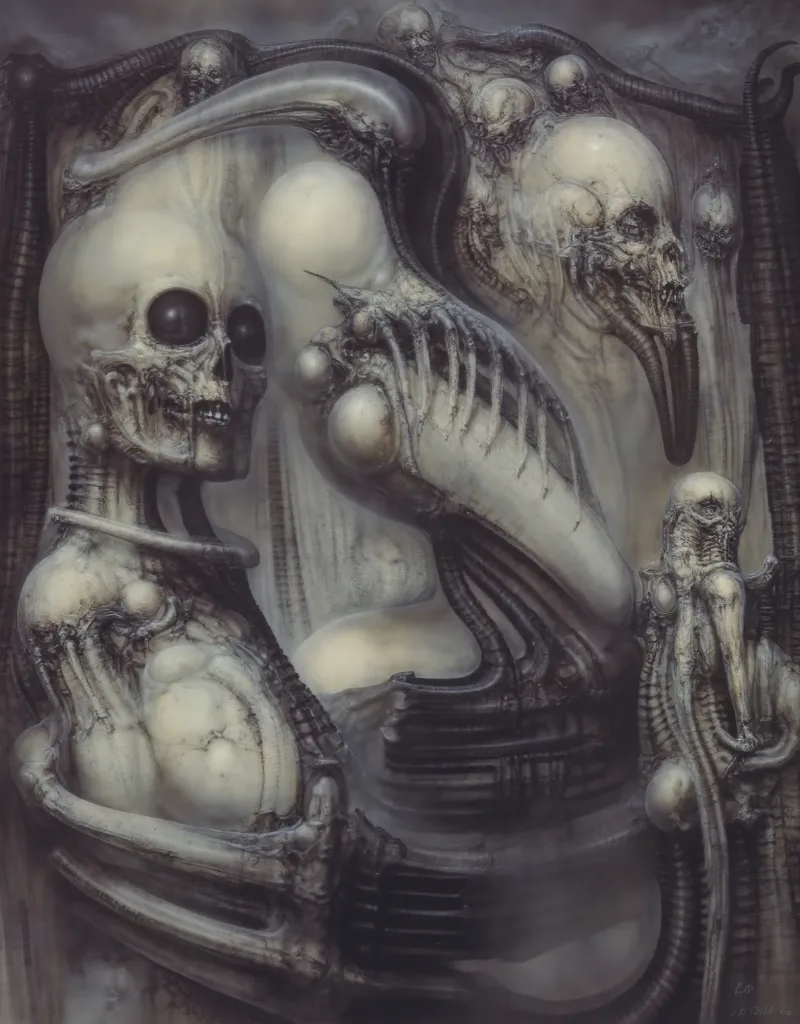 Please reproduce the original image as accurately as possible, capturing the intricate details of the biomechanical structures, the dramatic lighting, and the overall sense of unease. Find and enhance depiction of Giger's demons and creatures.(best quality...