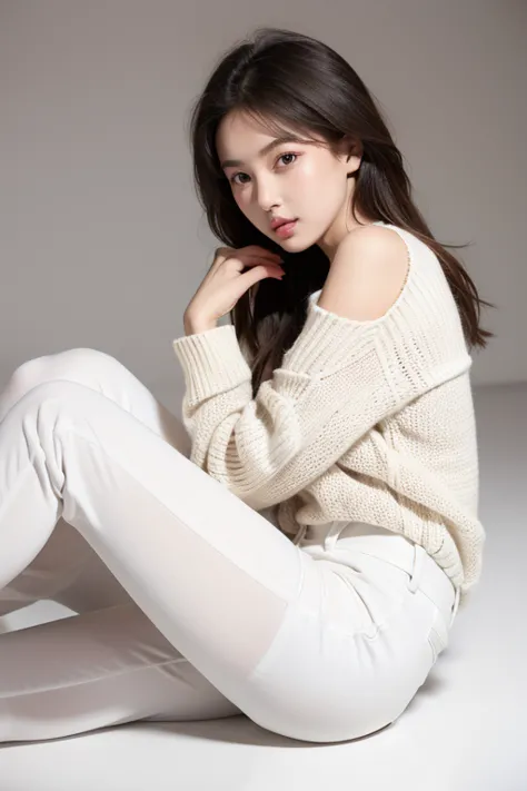 A girl with a sweater and a white pants