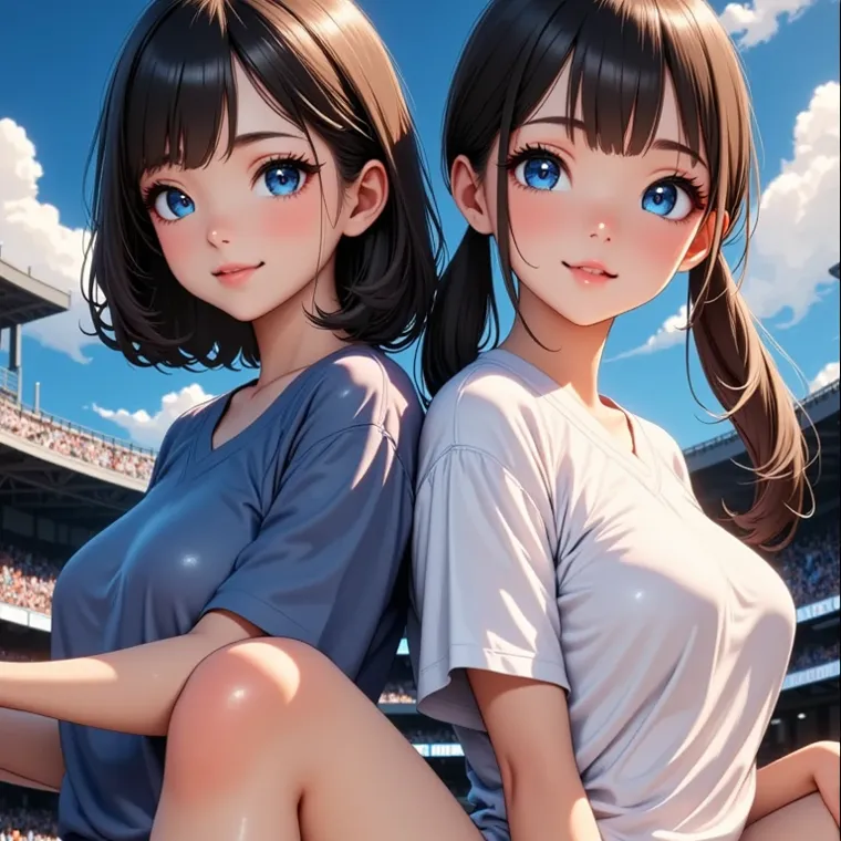 TWO GIRLS,top quality,masterpiece,Ray , Bright Eyes , very big eyes,eye focus,Character focus,well-groomed face,textured skin,Sleeves Over Wrist,((Baseball stadium spectator seats)),Supporting,white and blue skirt,viewers,There are vertical white stripes i...