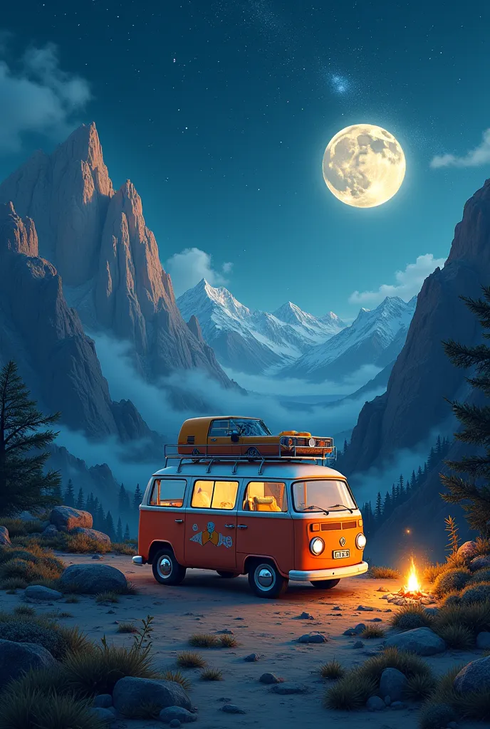 A whimsical camper van surrounded by mountains and stars at night.