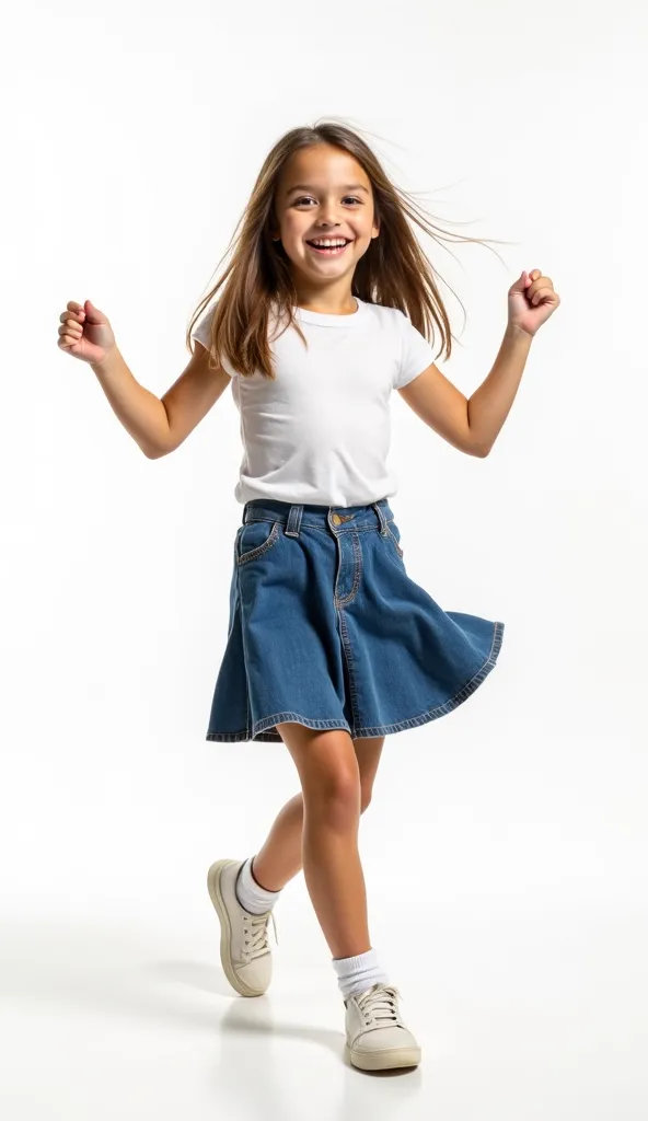 This visually engaging scene depicts a young girl in a playful dance pose, wearing a snug white t-shirt and a flared denim skirt that highlights her youthful energy. The background is a soft white, providing contrast and drawing attention to her movements ...