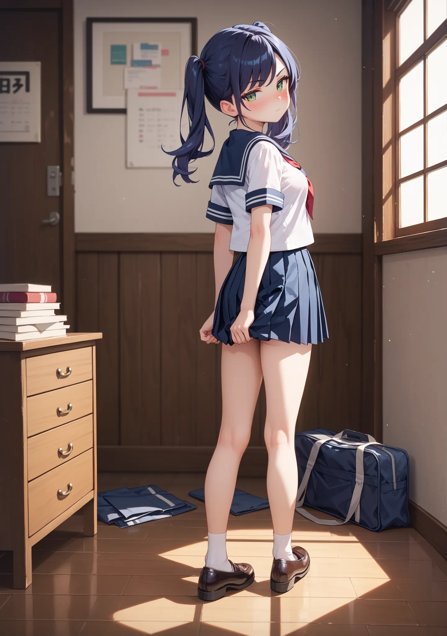 girl, petite, medium breasts, pale skin, twintails, swept bangs, green eyes, slanted eyes , makeup, navy hair, two side up, serious , (((blush))), looking ahead, from behind, full body , all body view , half-closed eyes, closed mouth, school uniform, seraf...