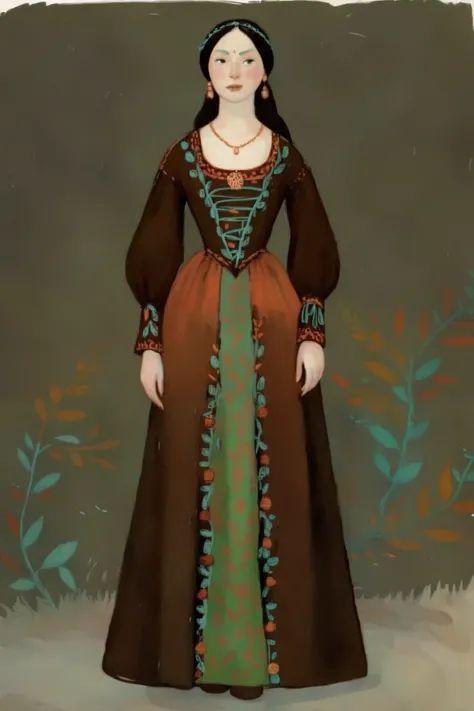 score_9, score_8_up, score_7_up, score_6_up, score_5_up, score_4_up, 1_woman, brow hair, long_hair, wearing a vibrant long peasant medieval dress, detailed clothing, sketches, detailed thick gouache painting, illustration, in gougoupaintleaves style:1.5,