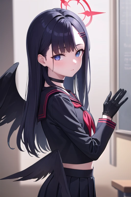 ICHIKANAKAMASA , Ichika got wet, stupid hair,   black hair,  black wings, feathered wings, Hair Ornaments, hair clip for hair,  halo, long hair, Low Wings, red  halo, Wings,
break armband, black choker, black  gloves, black sailor color, black sailor suit,...